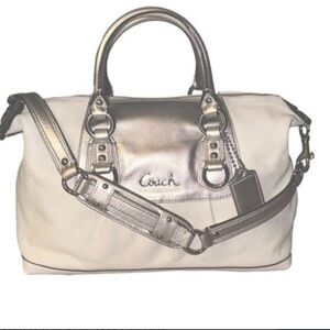 Coach Ashley convertible satchel bag in white leather with silver metallic